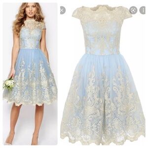 Chi Chi London Sky Blue Lace Dress Embroidered Modcloth Bardot US 12 Petite UK16